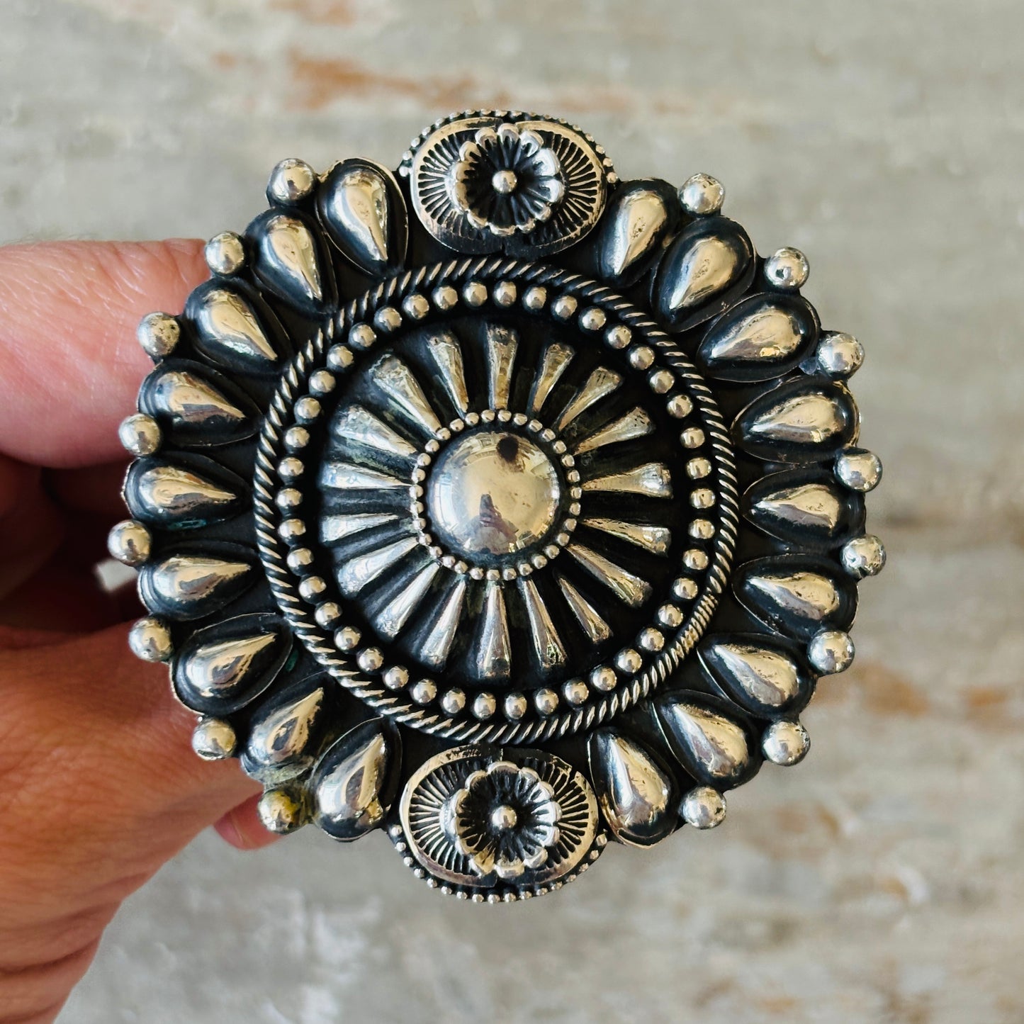Navajo Hemerson Brown Sterling Silver Concho Statement Ring