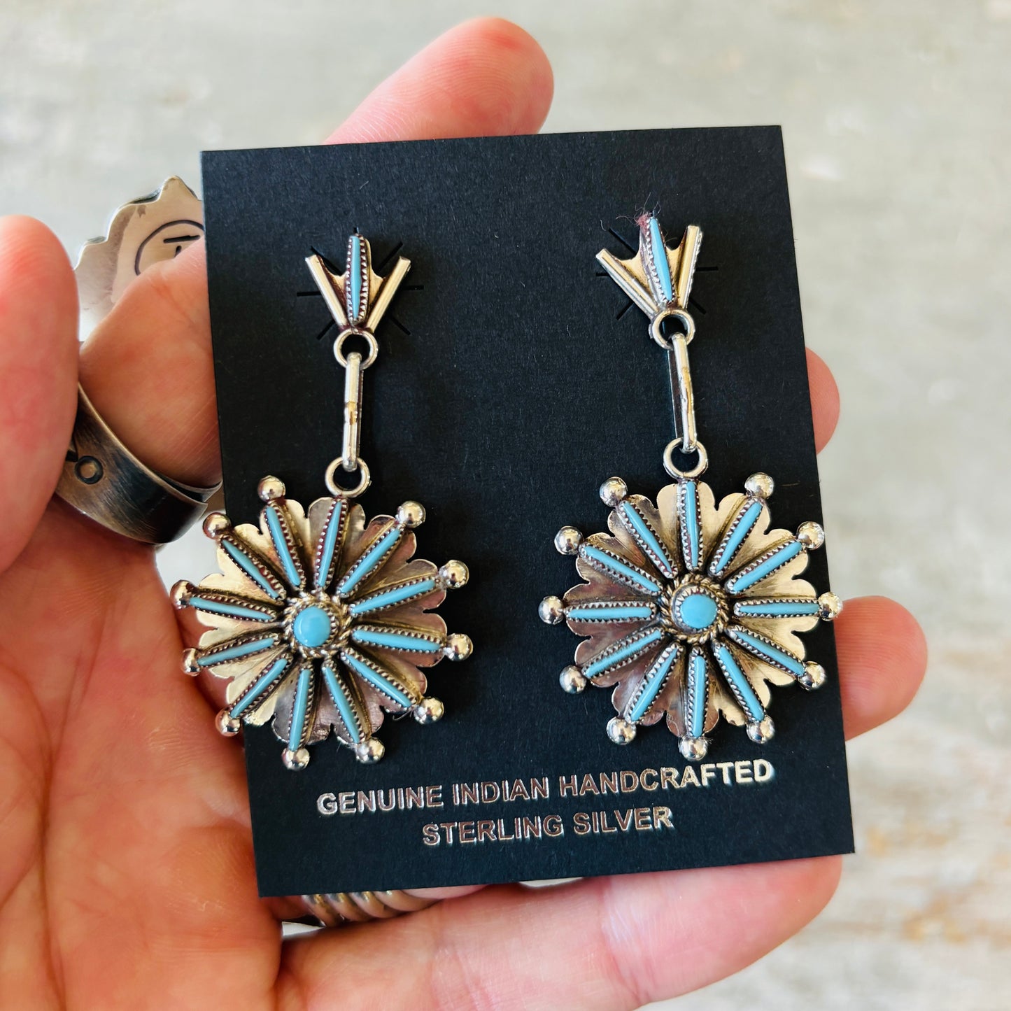 Zuni Samantha Waatsa Sterling Silver & Sleeping Beauty Turquoise Needle Point Earrings