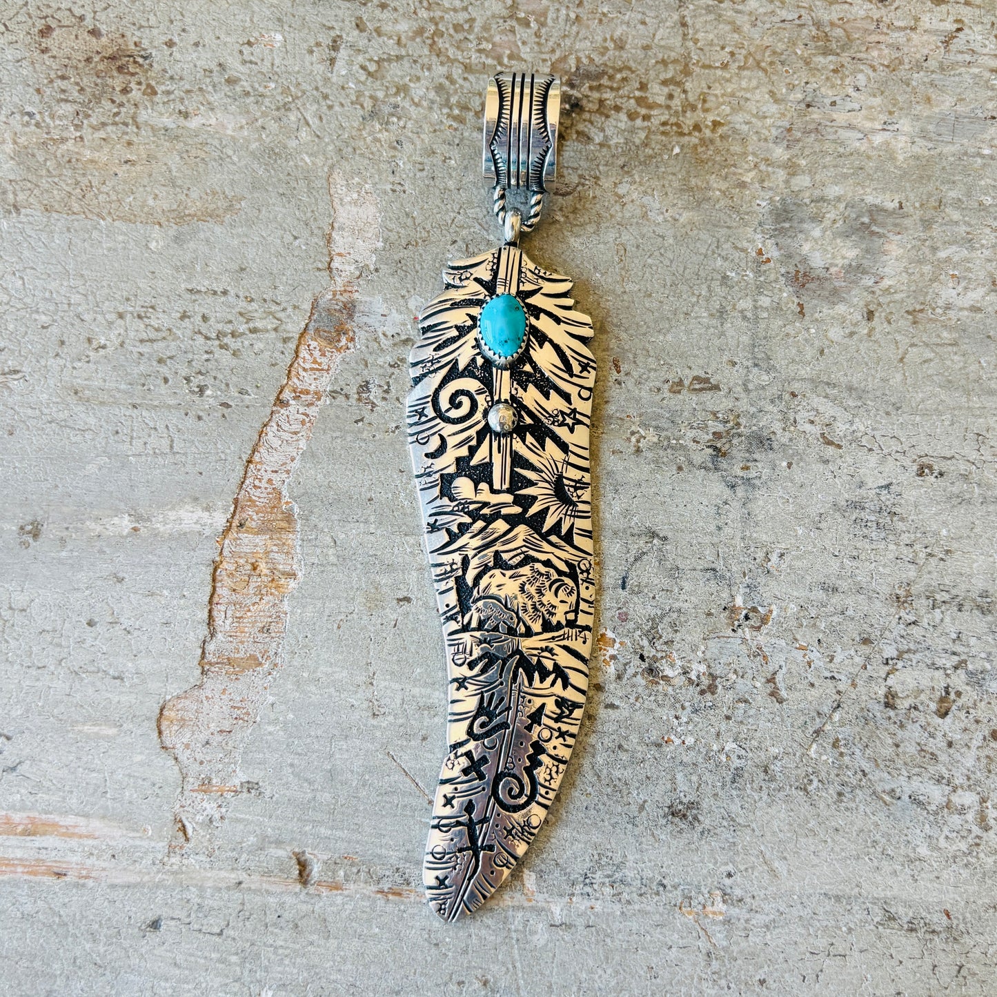 Navajo Richard Singer Sterling Silver & Kingman Turquoise Feather Storyteller Pendant