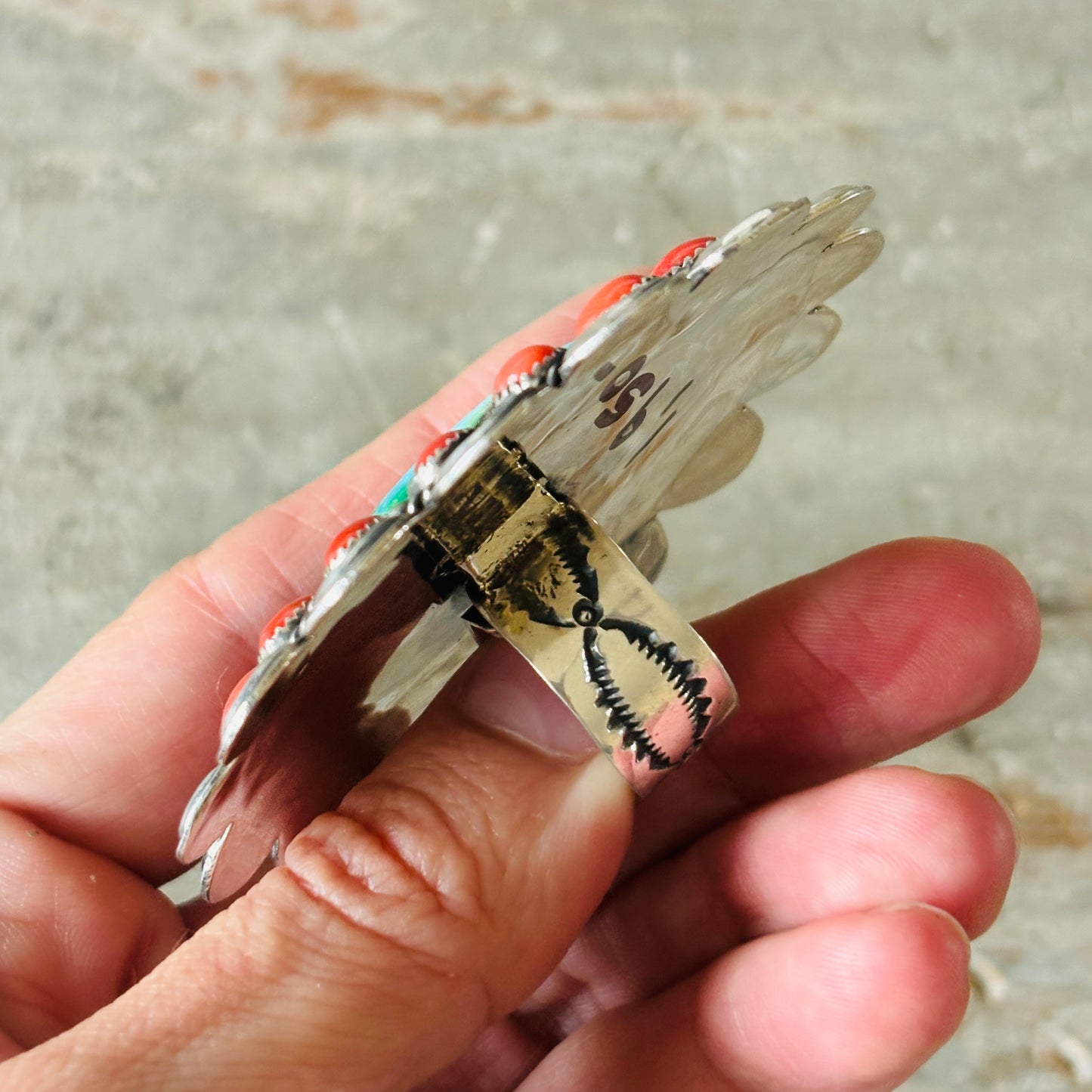 Navajo Hemerson Brown Sterling Silver - Red Coral & Sonoran Turquoise Cluster Statement Ring