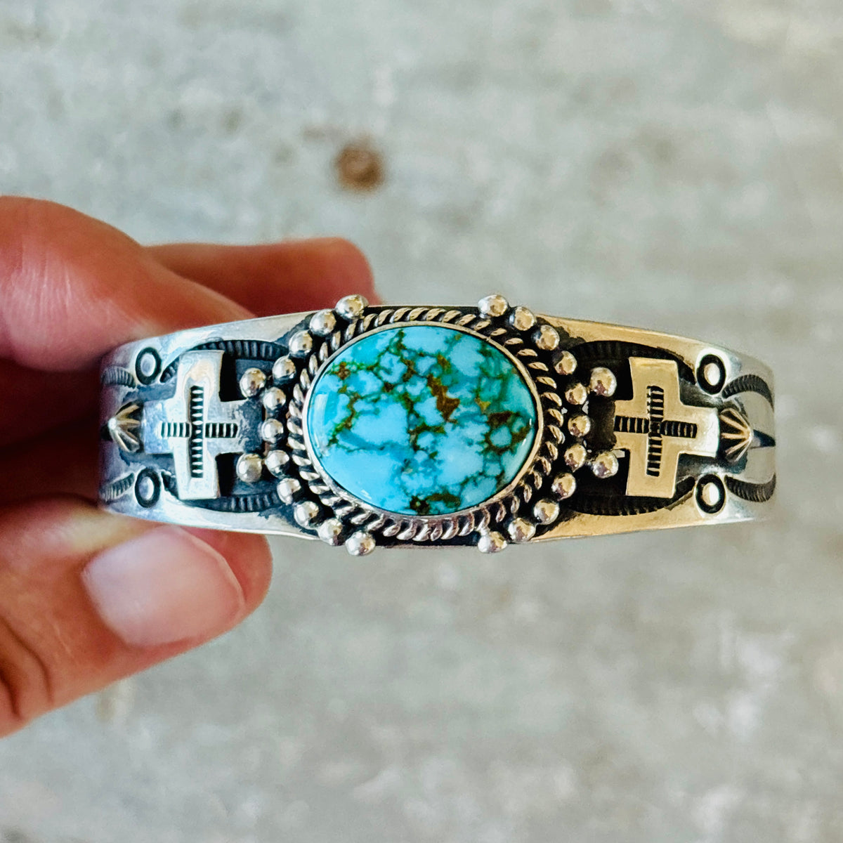 Navajo Happy Piasso Sterling Silver & Web Kingman Turquoise Cross Stacker Cuff