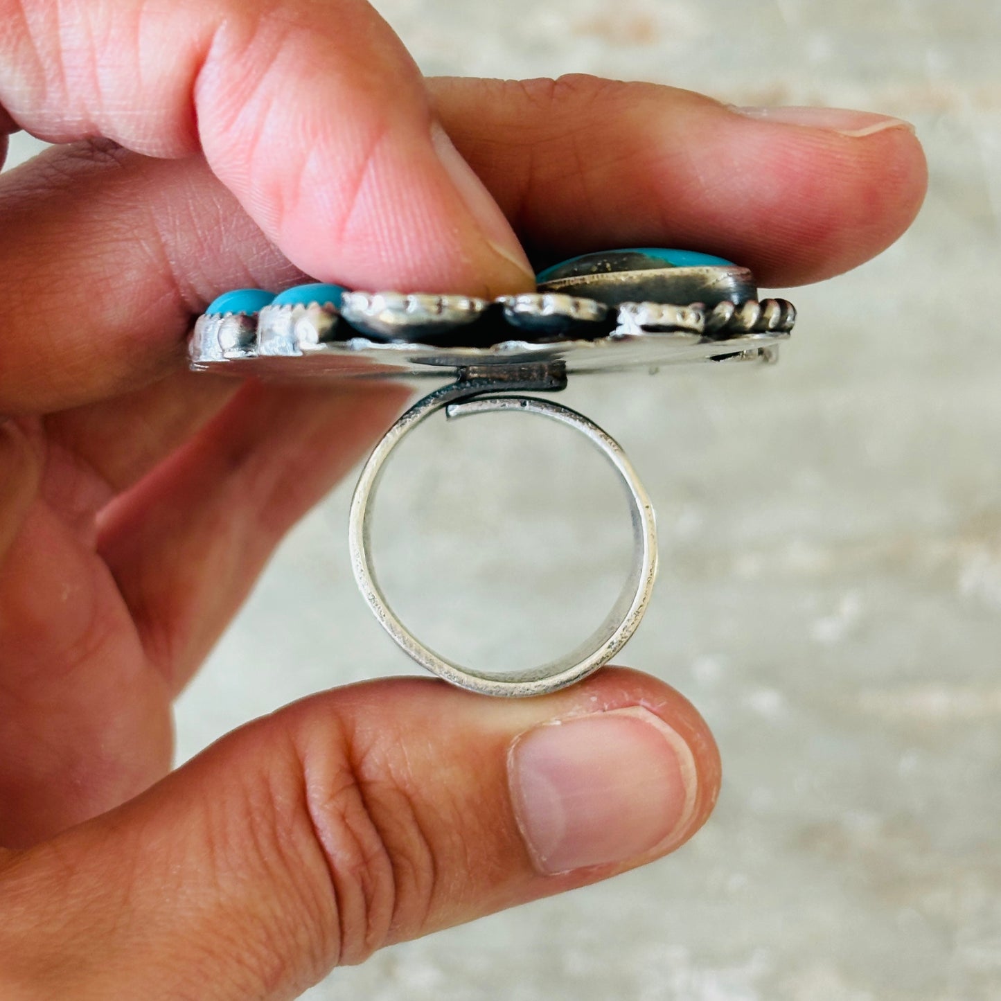 Navajo Kindale Billah Sterling Sterling & Kingman Turquoise Feathers - Hearts Cluster Ring