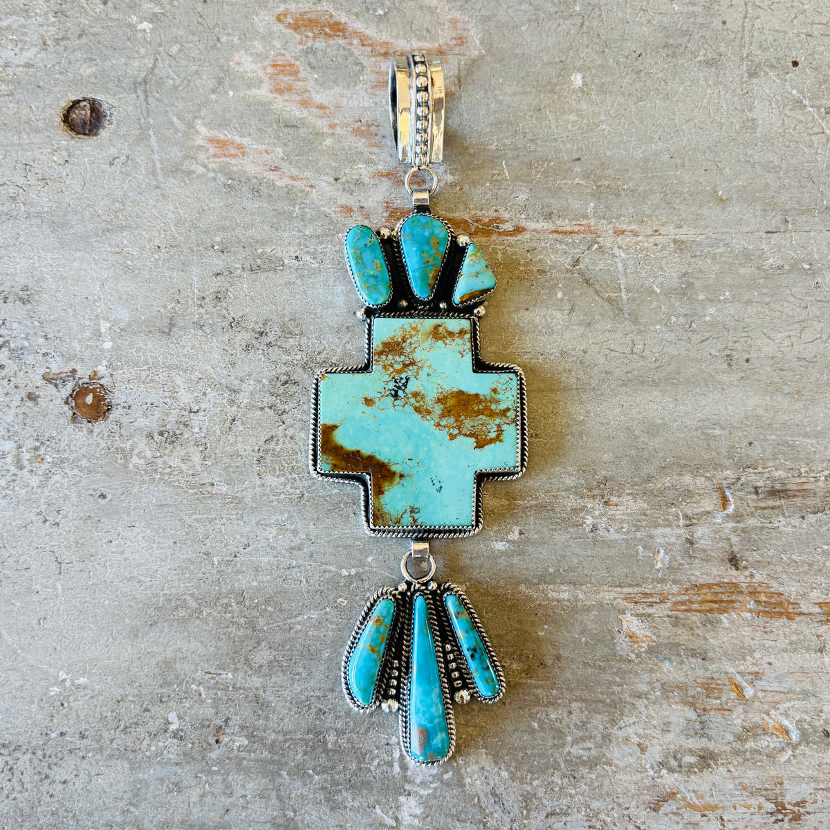 Navajo Hemerson Brown Sterling Silver & Kingman Turquoise Statement Pendant
