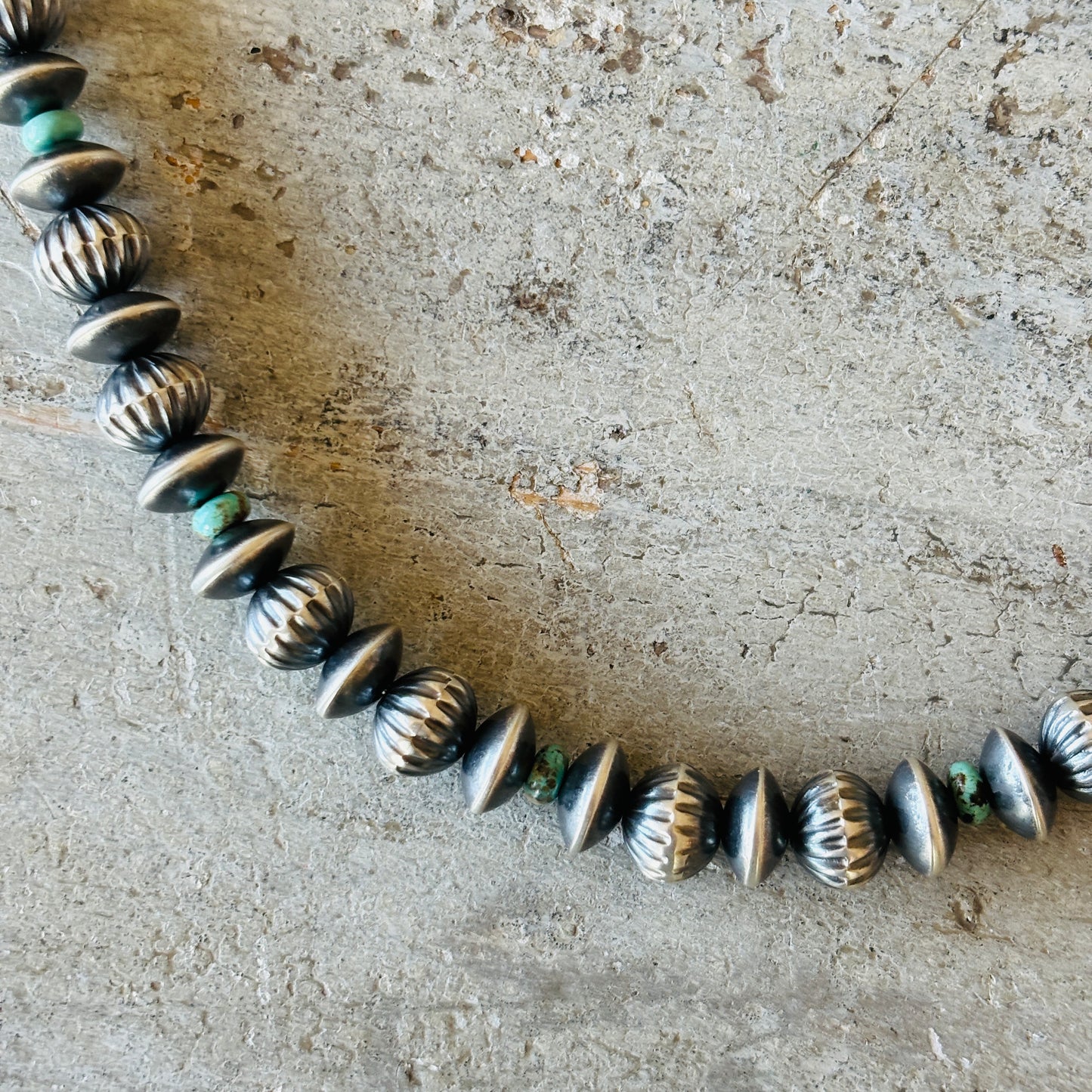Navajo Preston Haley Sterling Silver & Kingman Turquoise 6mm Saucer - 9mm Fluted Handmade Pearls Necklace