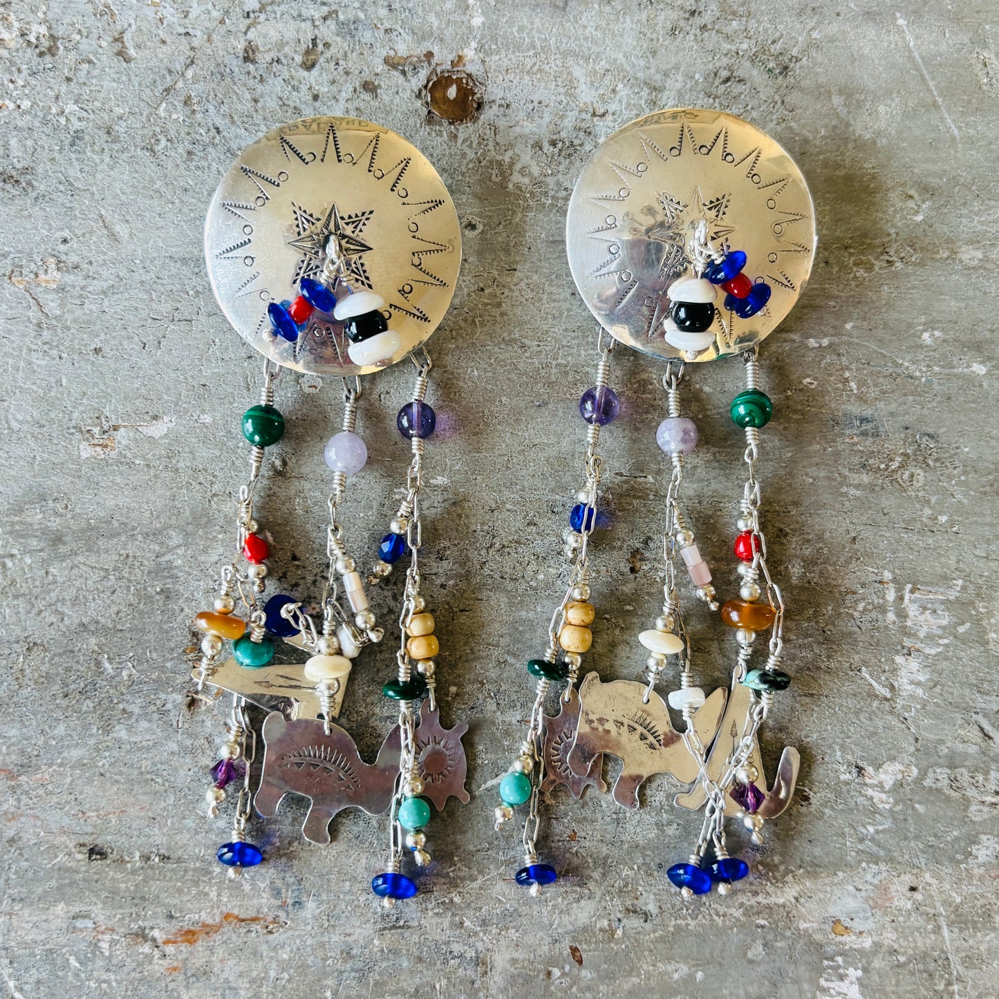 Navajo Dean Sandoval Sterling Silver Multi Stone Charm Earrings