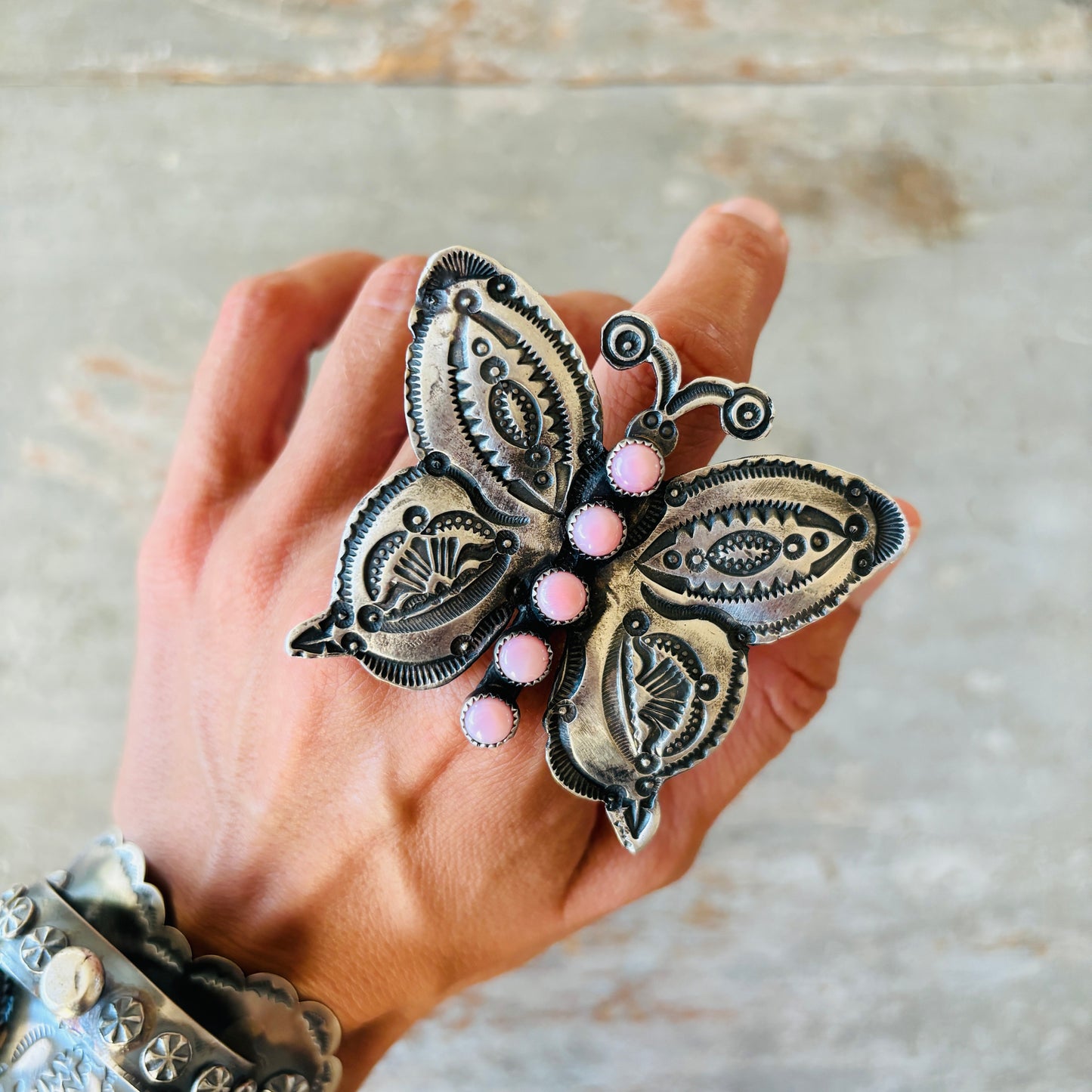 Navajo Kindale Billah Sterling Silver & Pink Conch Butterfly Ring