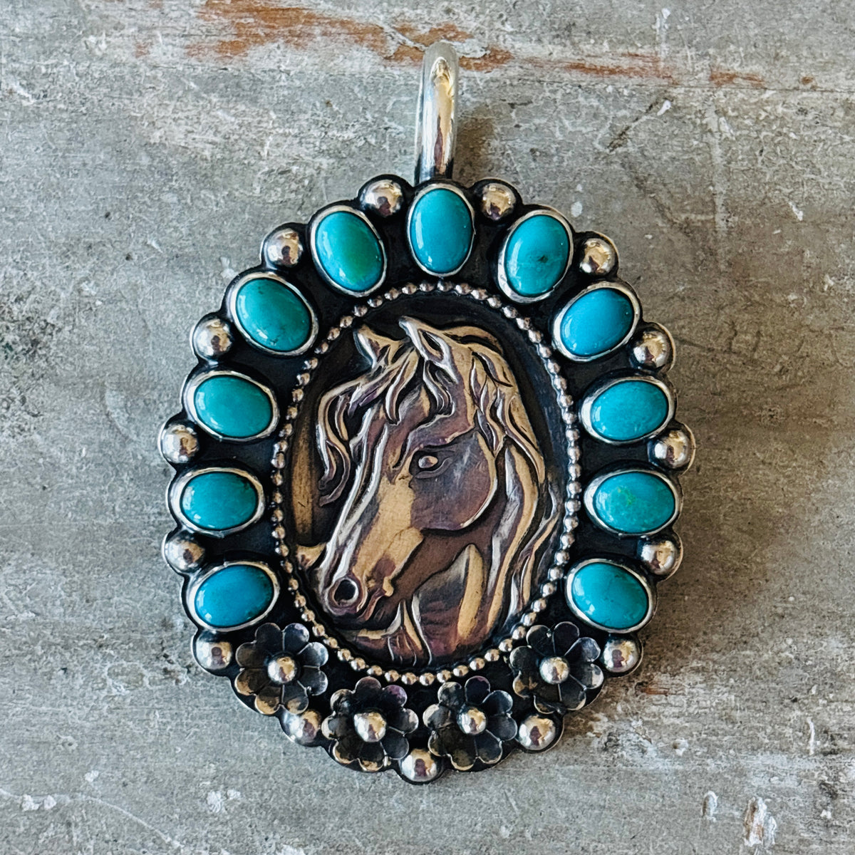 Navajo Ty Etsitty Sterling Silver & Kingman Turquoise Cluster Horse Pensant