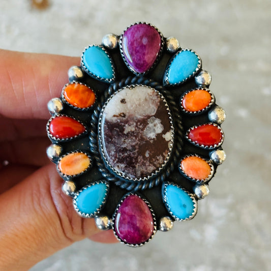 Navajo Hemerson Brown Sterling Silver - Multi Stone Cluster Statement Ring