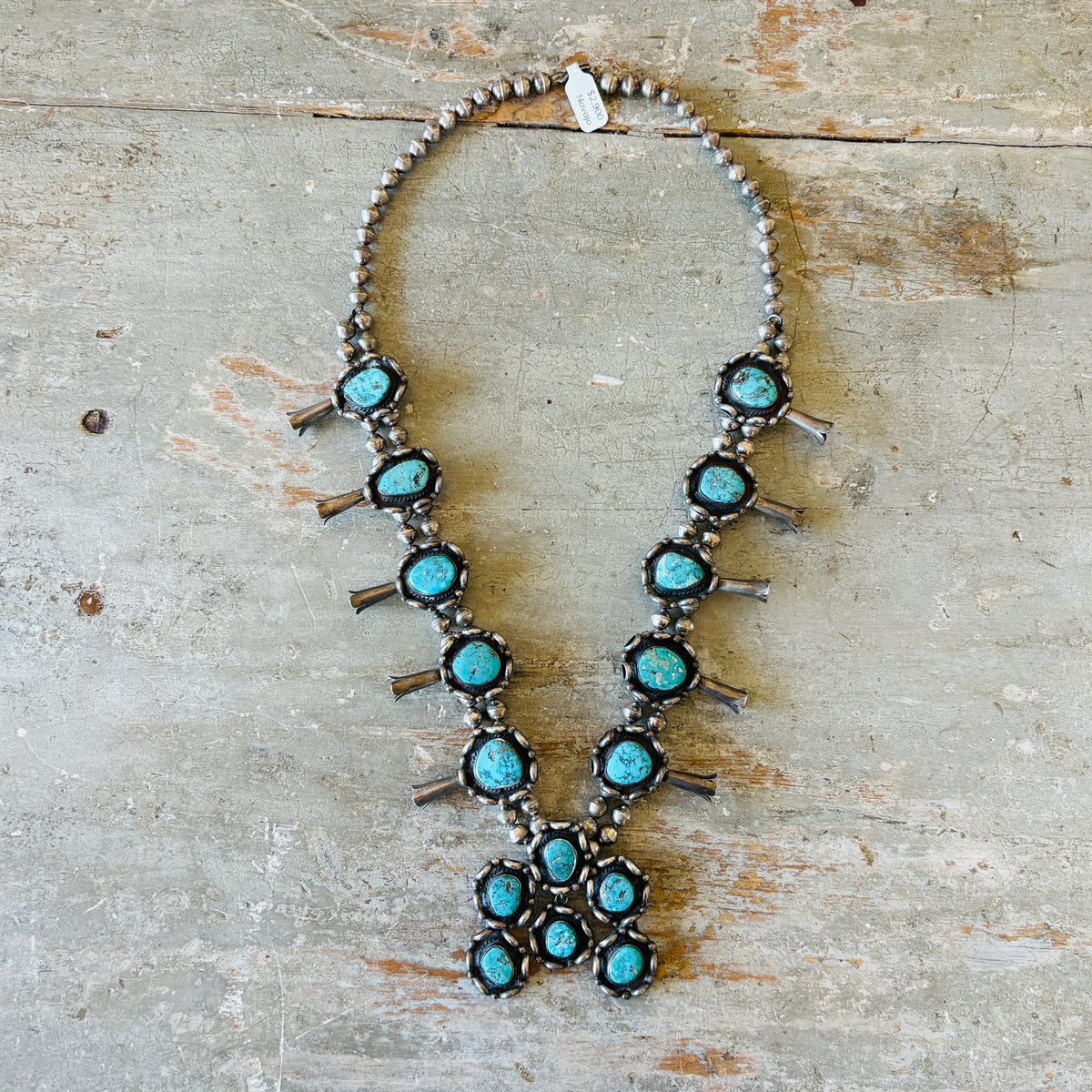 Vintage 1950s Navajo Sterling Silver & High Grade Kingman Squash Blossom Necklace