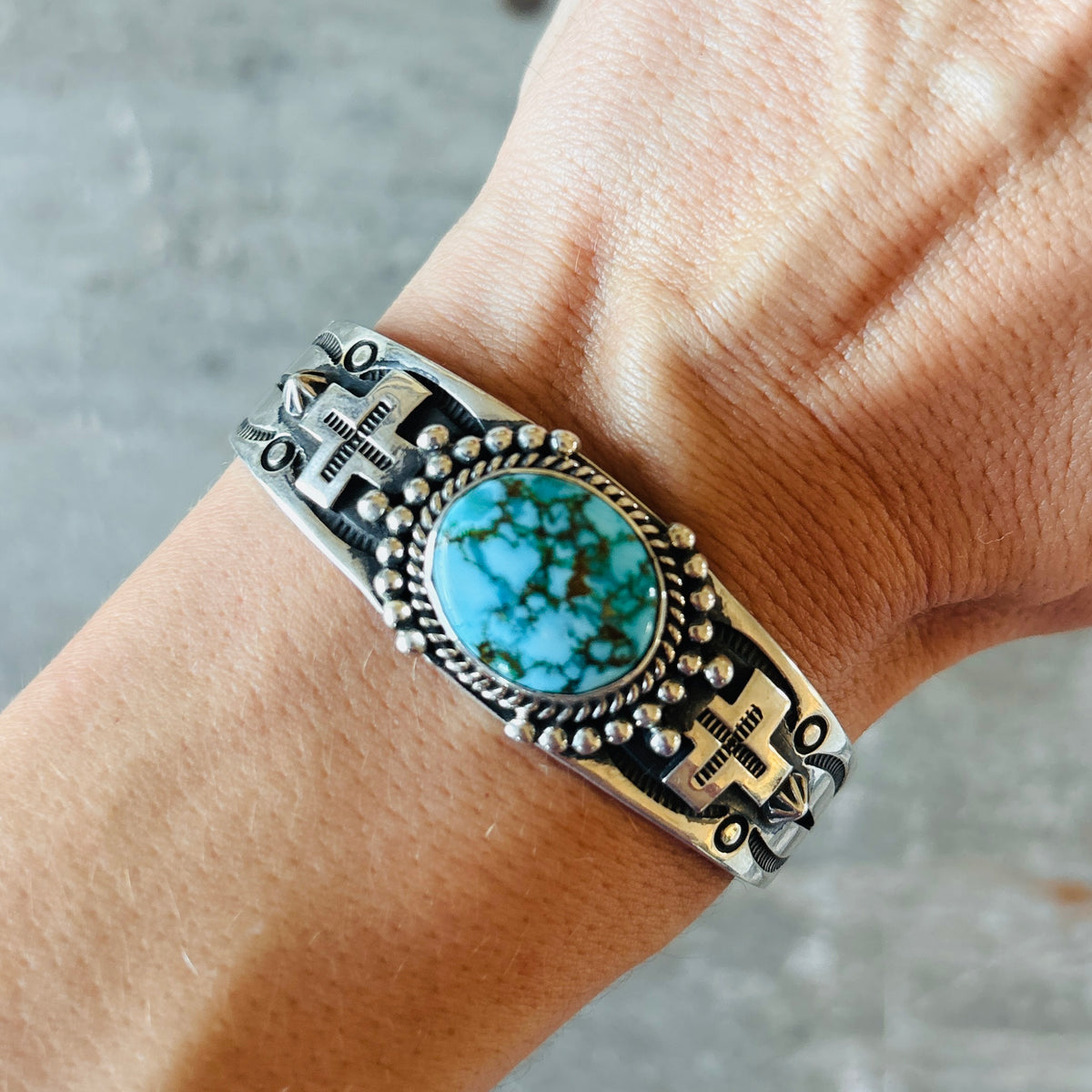 Navajo Happy Piasso Sterling Silver & Web Kingman Turquoise Cross Stacker Cuff