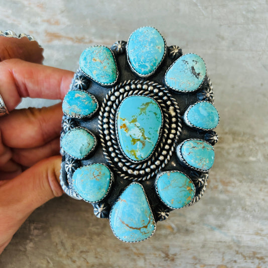 Navajo Kindale Billah Sterling Silver & Royston Turquoise Cluster Statement Cuff