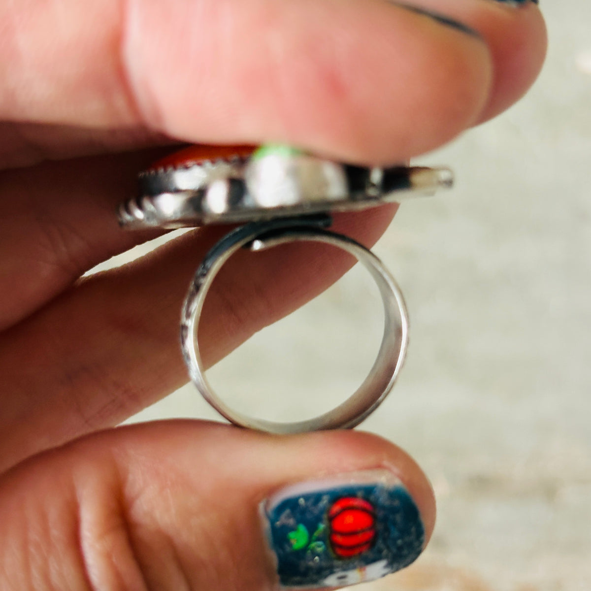 Navajo Kindale Billah Sterling Silver - Orange Spiny & Candelaria Turquoise Pumpkin Ring