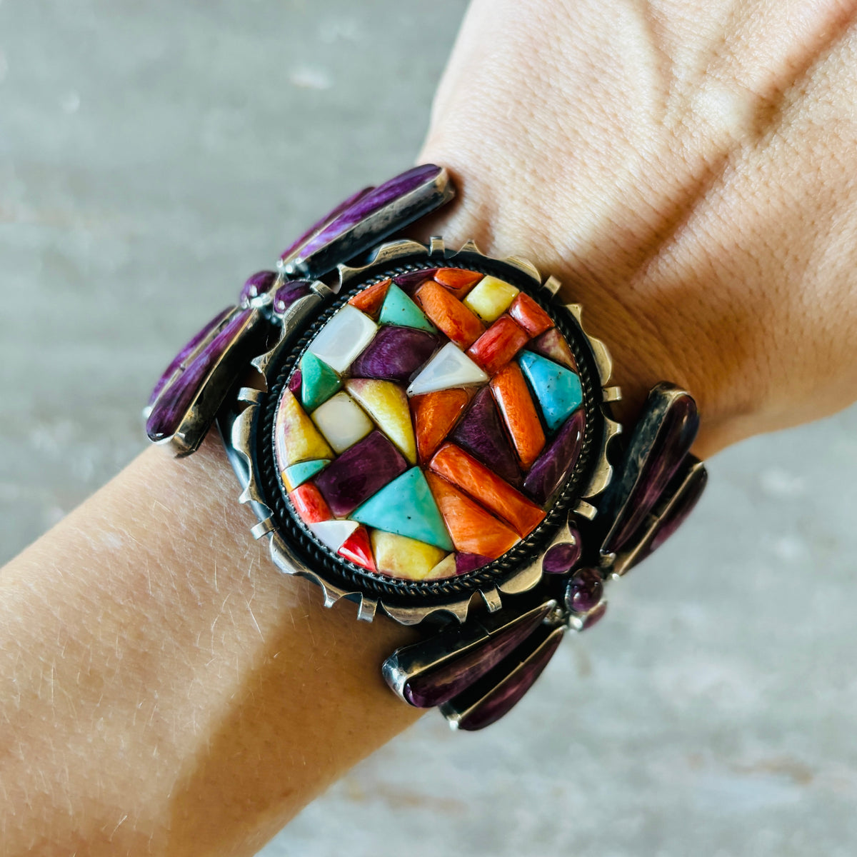 Navajo Marcus Chavez Sterling Silver Multi Stone Dragonfly Cobblestone Cuff