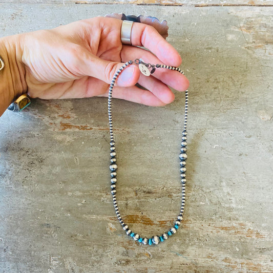 Native Strung Sterling Silver & Turquoise Machine Made Graduated Pearls Necklace