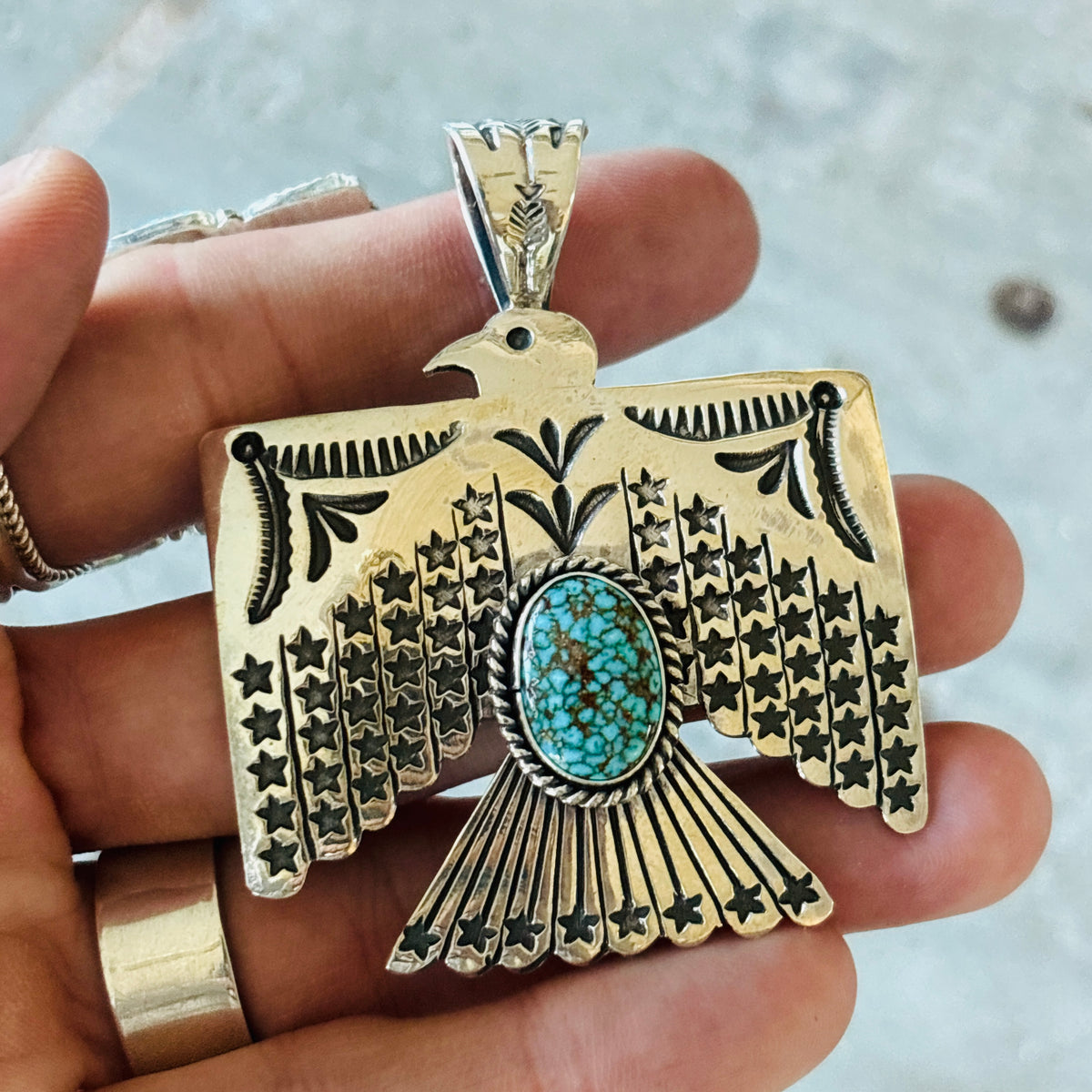Navajo Sunshine Reeves Sterling Silver & Web Kingman Thunderbird Pendant