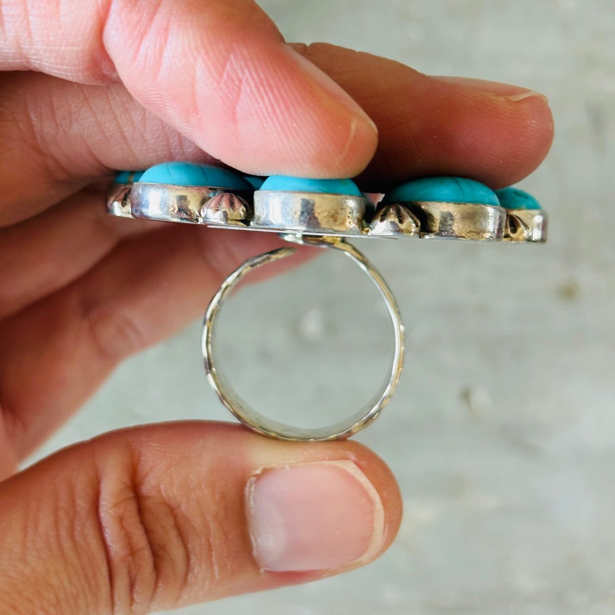 Navajo Aaron Talis Sterling Silver & Blue Ridge Turquoise Floral Cluster Ring