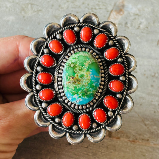 Navajo Hemerson Brown Sterling Silver - Red Coral & Sonoran Turquoise Cluster Ring