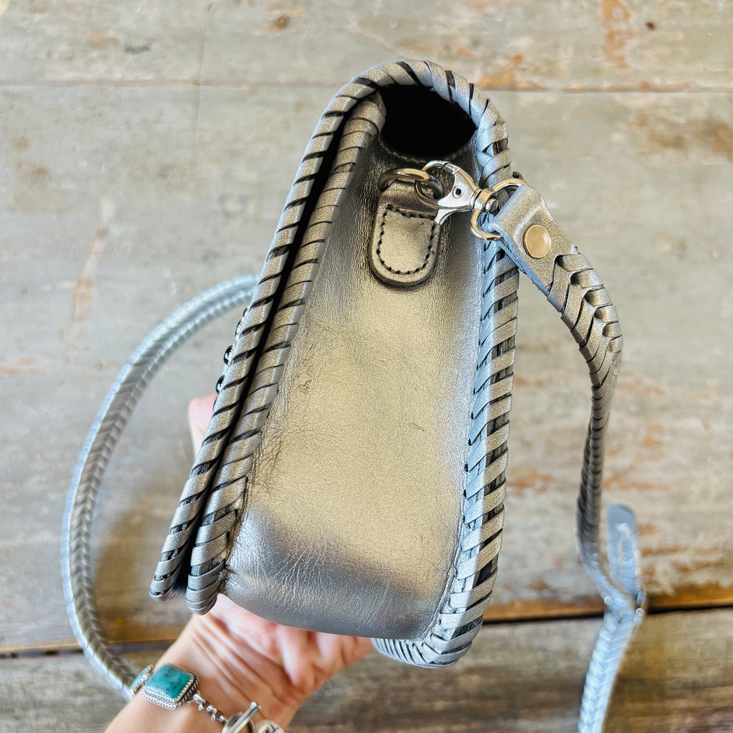Navajo Hemerson Brown Sterling Silver - Black Onyx & Druzy Embellished Silver Leather Crossbody Bag