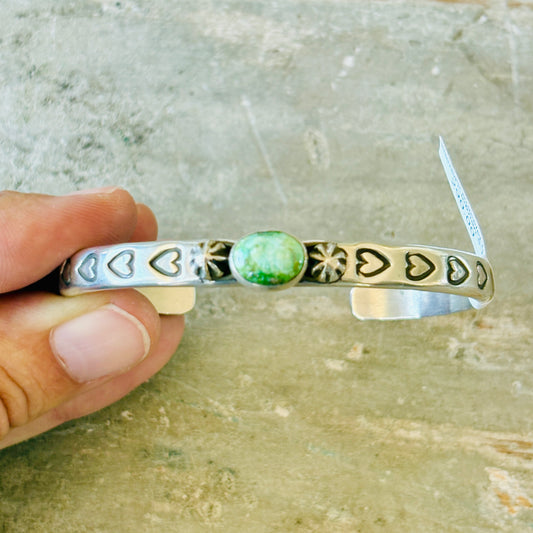 Navajo Darrell Cadman Sterling Silver & Sonoran Turquoise Hearts Stacker Cuff