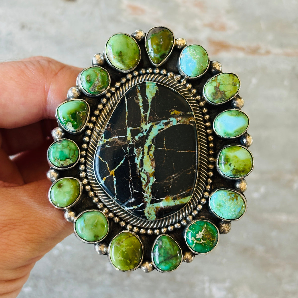Navajo Hemerson Brown Sterling Silver - Blackjack & Sonoran Turquoise Cluster Ring