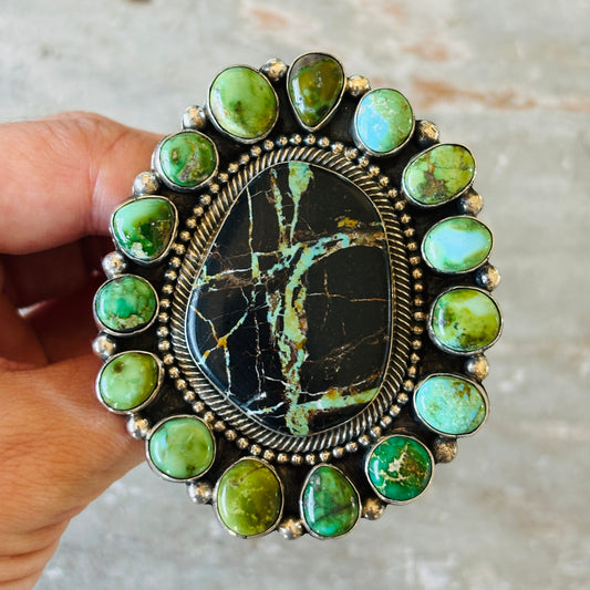 Navajo Hemerson Brown Sterling Silver - Blackjack & Sonoran Turquoise Cluster Ring