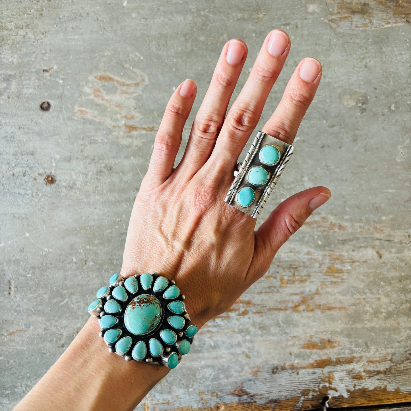 Navajo Signed Sterling Silver & Lone Mountain Turquoise Three Stone Ring