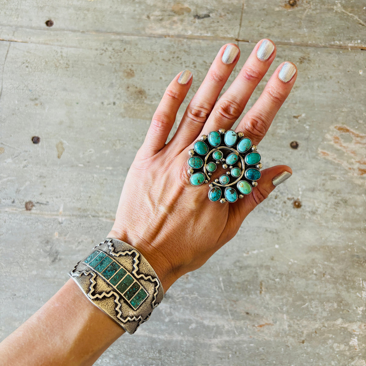 Navajo Melvin & Tiffany Jones Sterling Silver - Mixed Turquoise Cluster Naja Ring