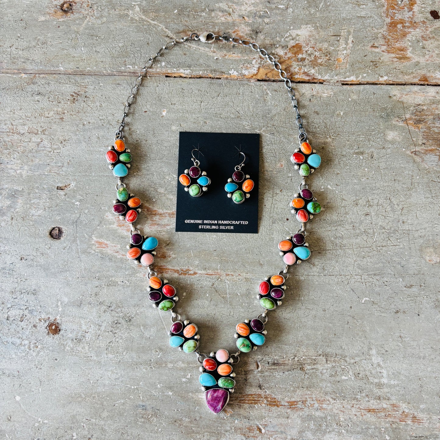 Navajo Paul Livingston Sterling Silver Multi Stone Cluster Necklace Set