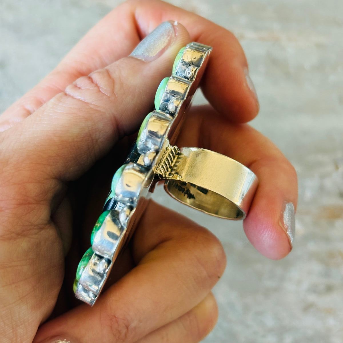 Navajo Hemerson Brown Sterling Silver - Blackjack & Sonoran Turquoise Cluster Ring