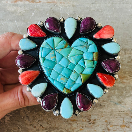 Navajo Hemerson Brown Sterling Silver - Orange - Purple Spiny & Kingman Turquoise Heart Cobblestone Cuff