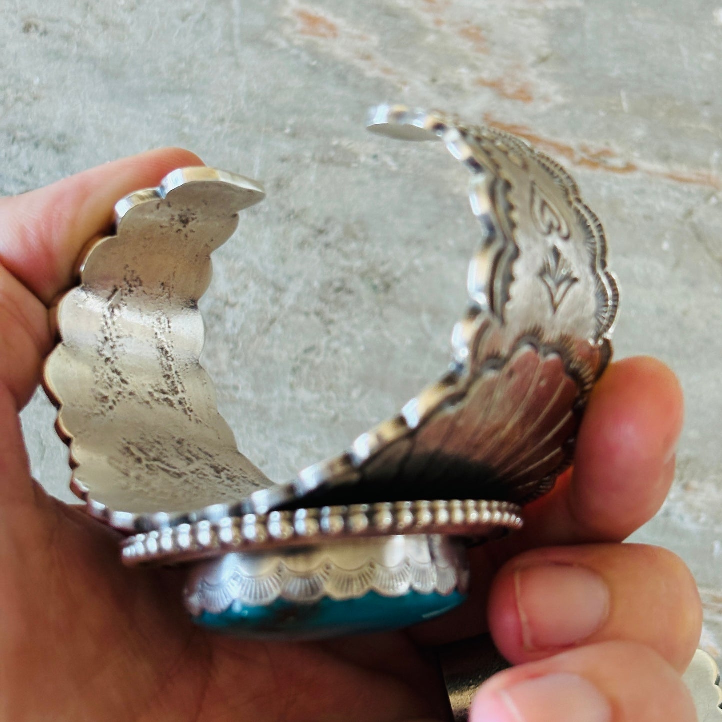 Navajo Glenn Livingston Sterling Silver & Kingman Turquoise Hearts Tufa Cast Cuff