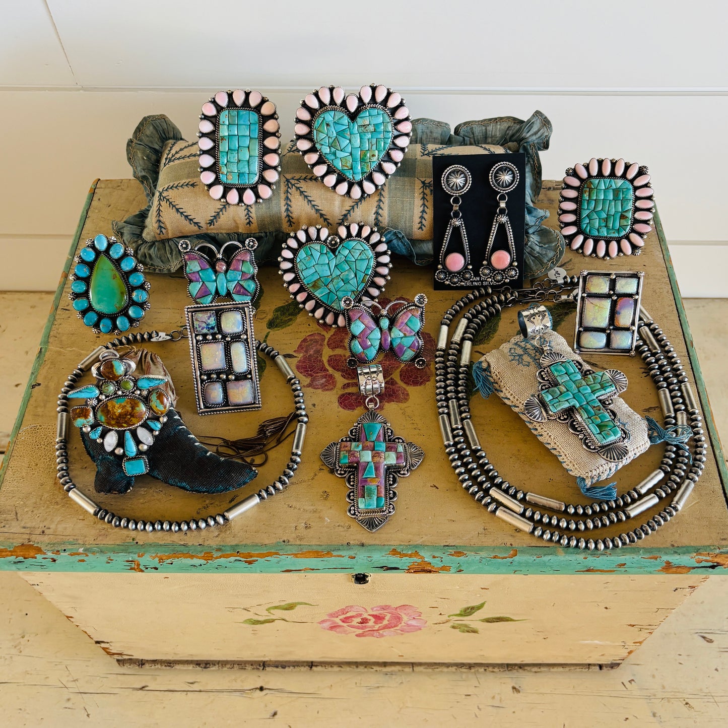 Navajo Hemerson Brown Sterling Silver - Phosphosiderite & Kingman Turquoise Cobblestone Cross