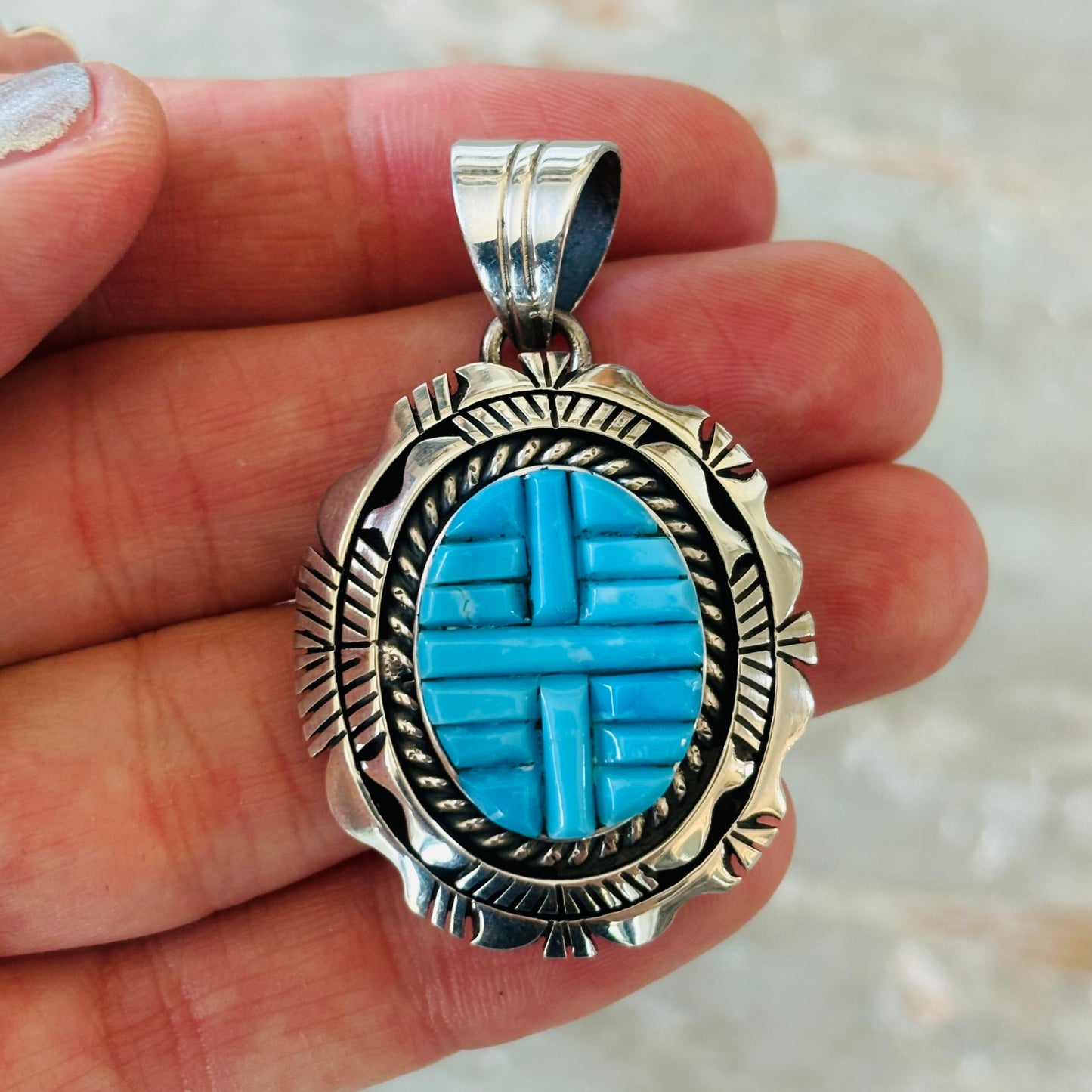 Navajo Eugene Belone Sterling Silver & Kingman Turquoise Cobblestone Pendant