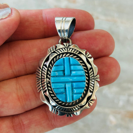 Navajo Eugene Belone Sterling Silver & Kingman Turquoise Cobblestone Pendant
