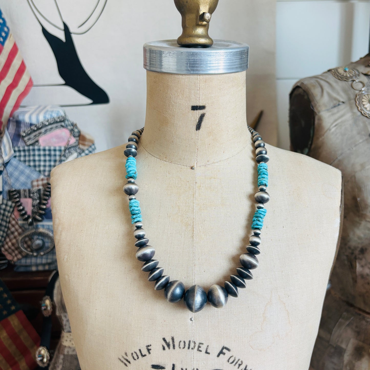 Navajo Rose Martin Sterling Silver & Kingman Turquoise Handmade Pearls Necklace