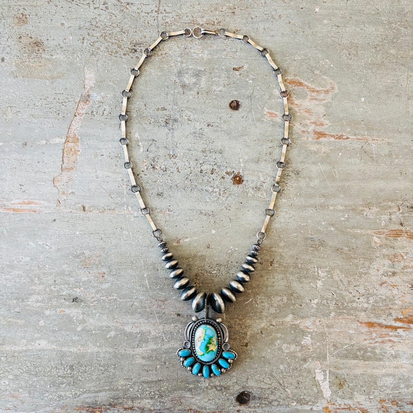 Navajo Hemerson Brown Sterling Silver - Kingman & Sonoran Turquoise Statement Necklace