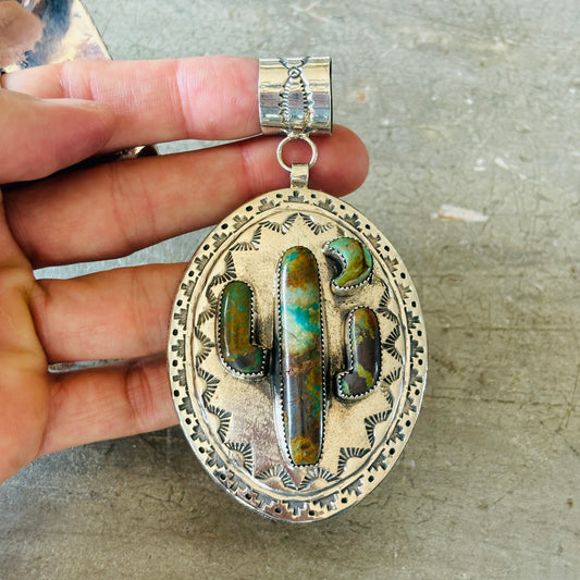 Navajo Hemerson Brown Sterling Silver & Kingman Turquoise Cactus Pendant