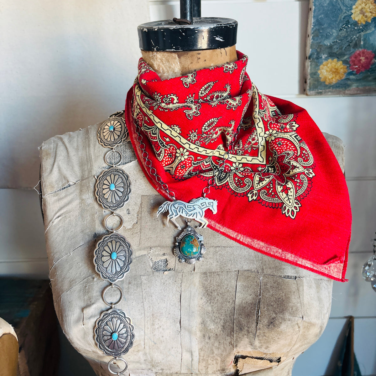 Navajo Juanita McDona Sterling Silver & Royston Turquoise Horse Overlay Necklace