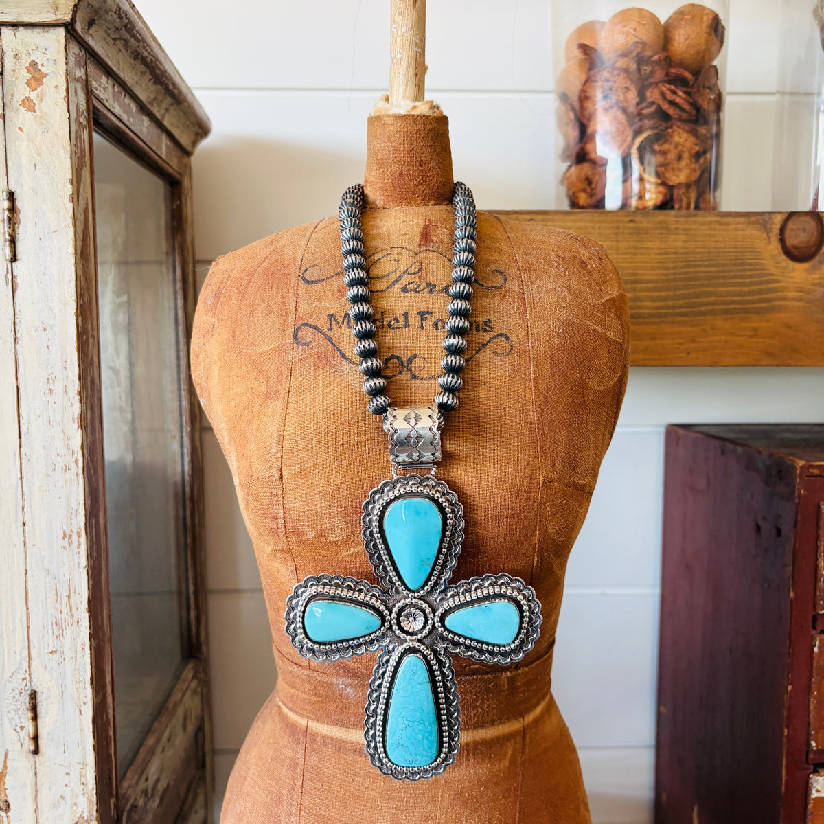 Navajo Melvin & Tiffany Jones Sterling Silver - Kingman Turquoise Cross Statement Pendant