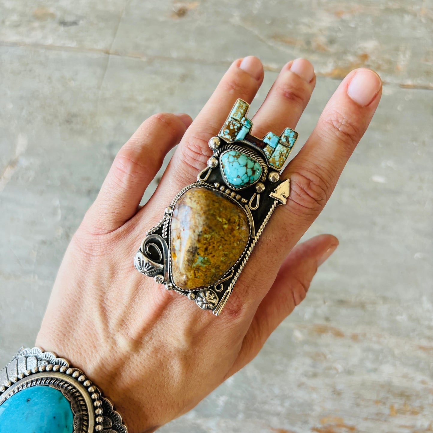 Navajo Bryan Tom Sterling Silver - Kingman - Lone Mountain Turquoise & Dinosaur Bone Maiden Ring