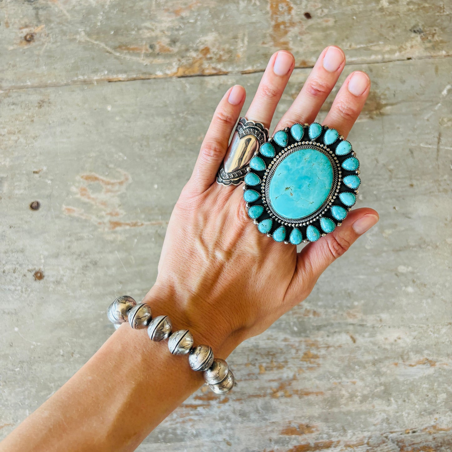 Navajo James McCabe Sterling Silver - Royston & Kingman Turquoise Liberty Dimes Beads Bracelet