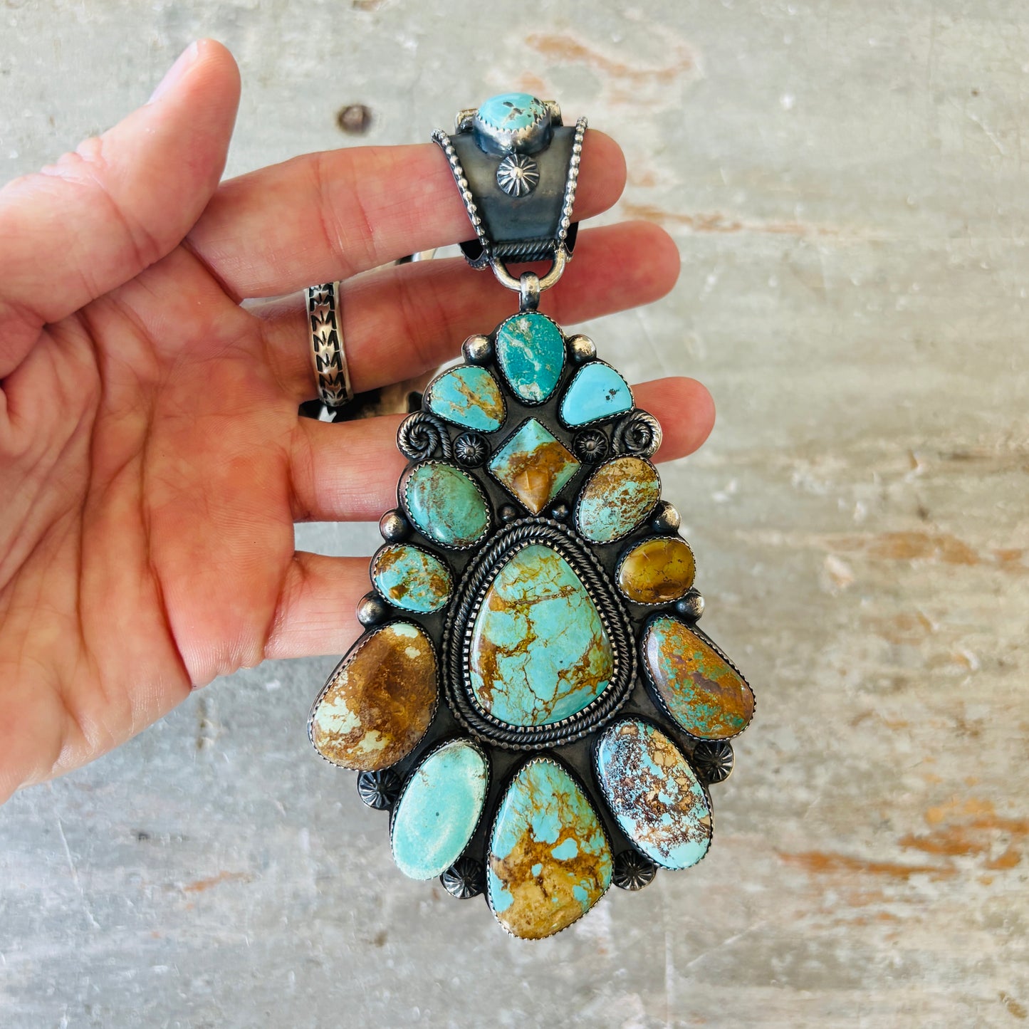 Navajo Braxton Parkett Sterling Silver & Royston Turquoise Cluster Pendant