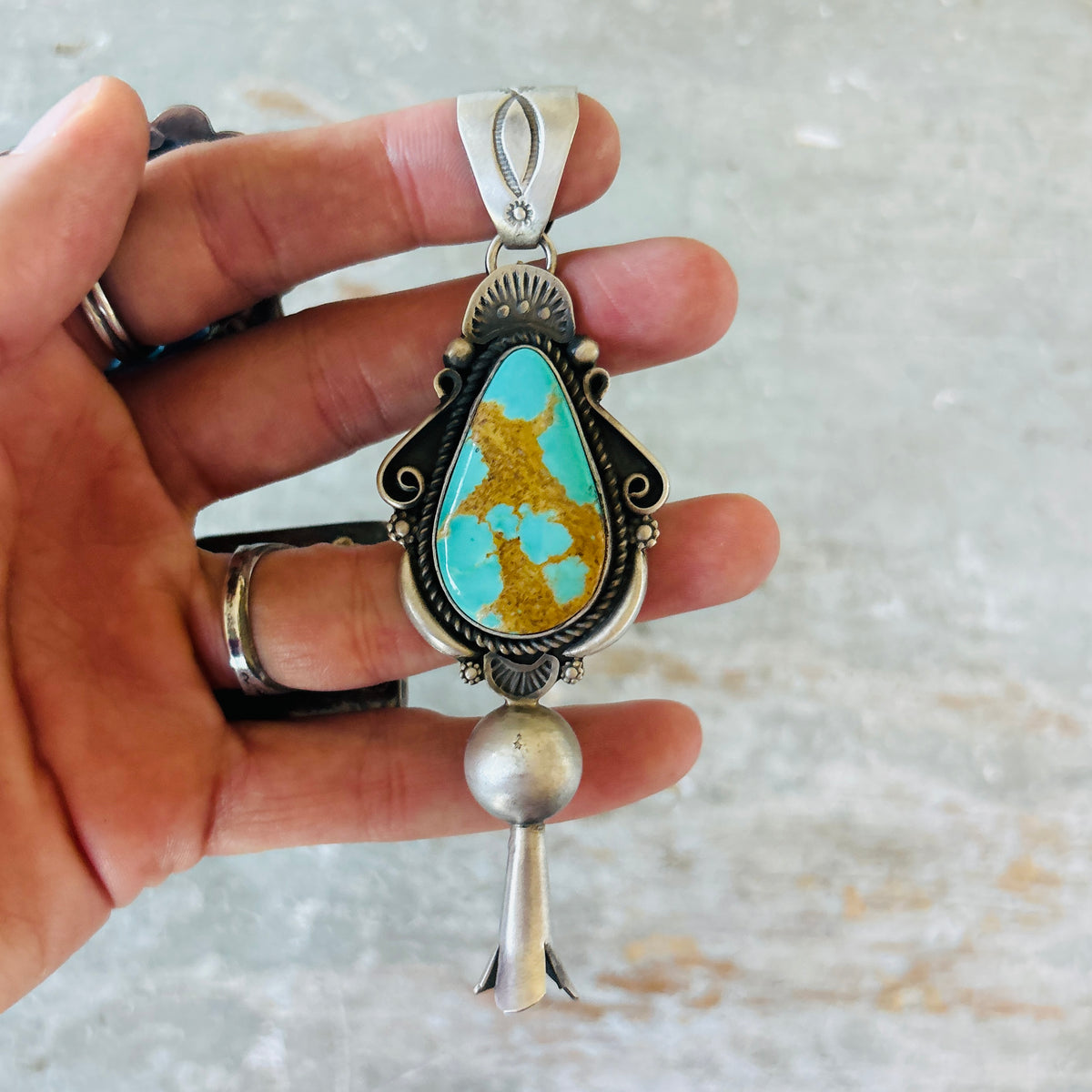 Navajo Ronald Tom Sterling Silver & Pilot Mountain Turquoise Blossom Pendant