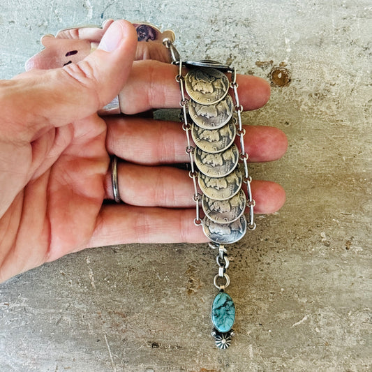 Navajo James McCabe Sterling Silver & Kingman Turquoise Liberty Dimes Panel Bracelet