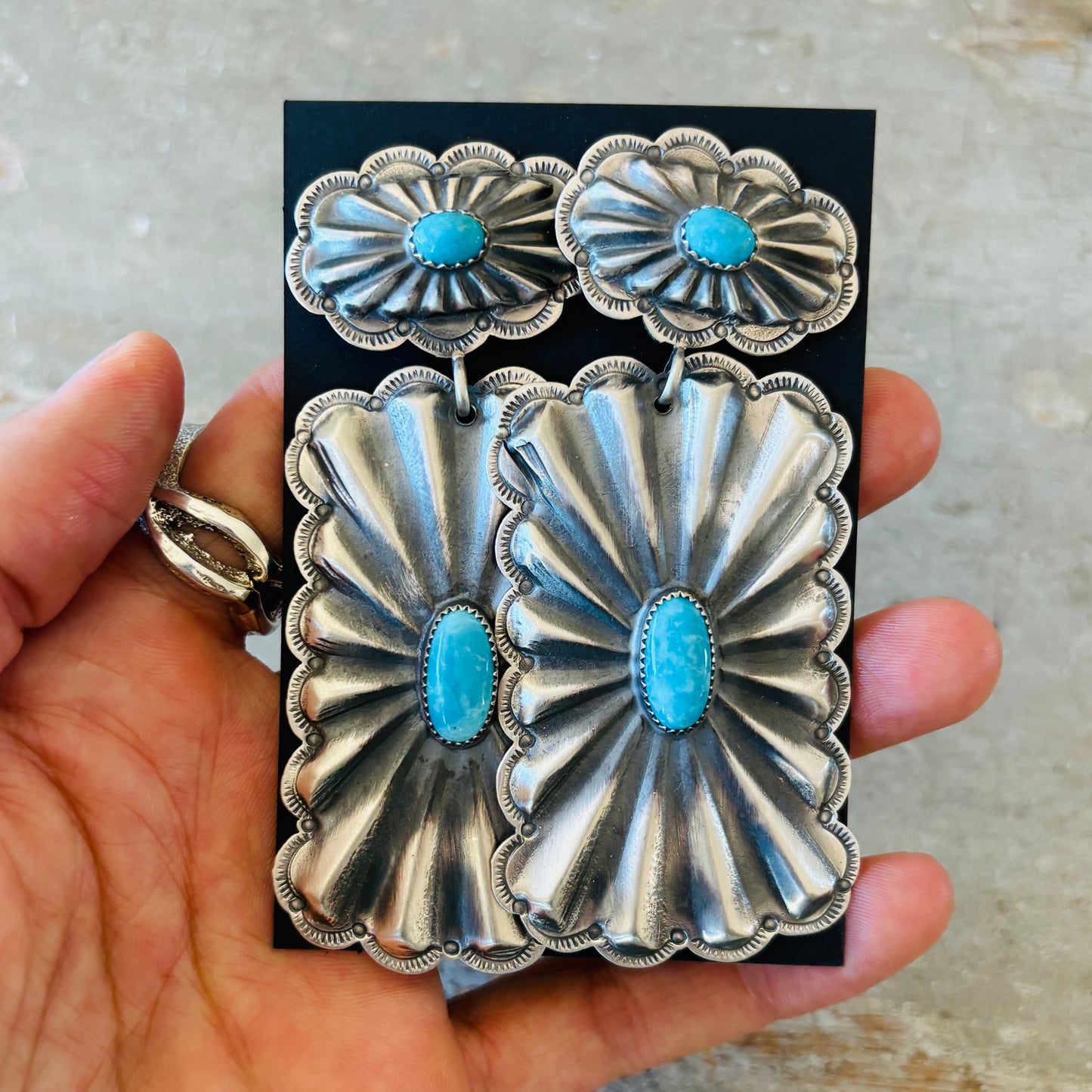 Navajo Glenn Livingston Sterling Silver & Waterweb Kingman Concho Earrings