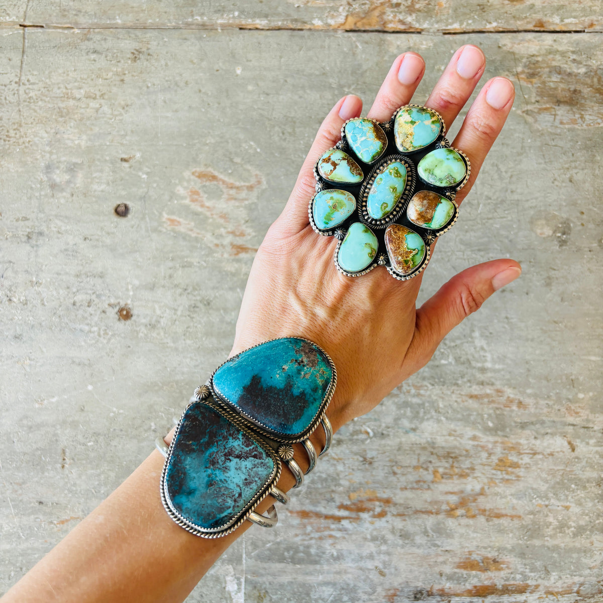 Navajo Hemerson Brown Sterling Silver & Sonoran Turquoise Cluster Statement Ring
