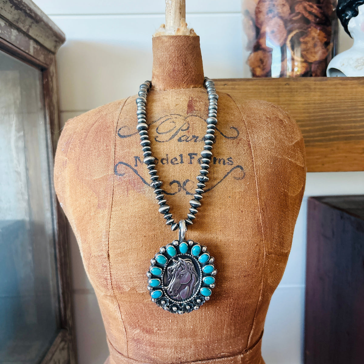 Navajo Ty Etsitty Sterling Silver & Kingman Turquoise Cluster Horse Pensant