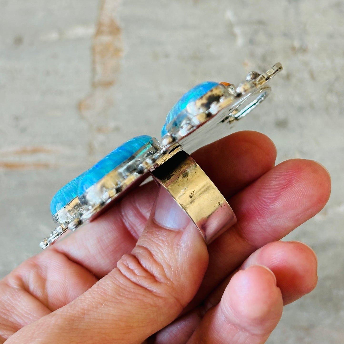 Navajo Hemerson Brown Sterling Silver - Blue Lab Opal & Orange Spiny Dragonfly Ring
