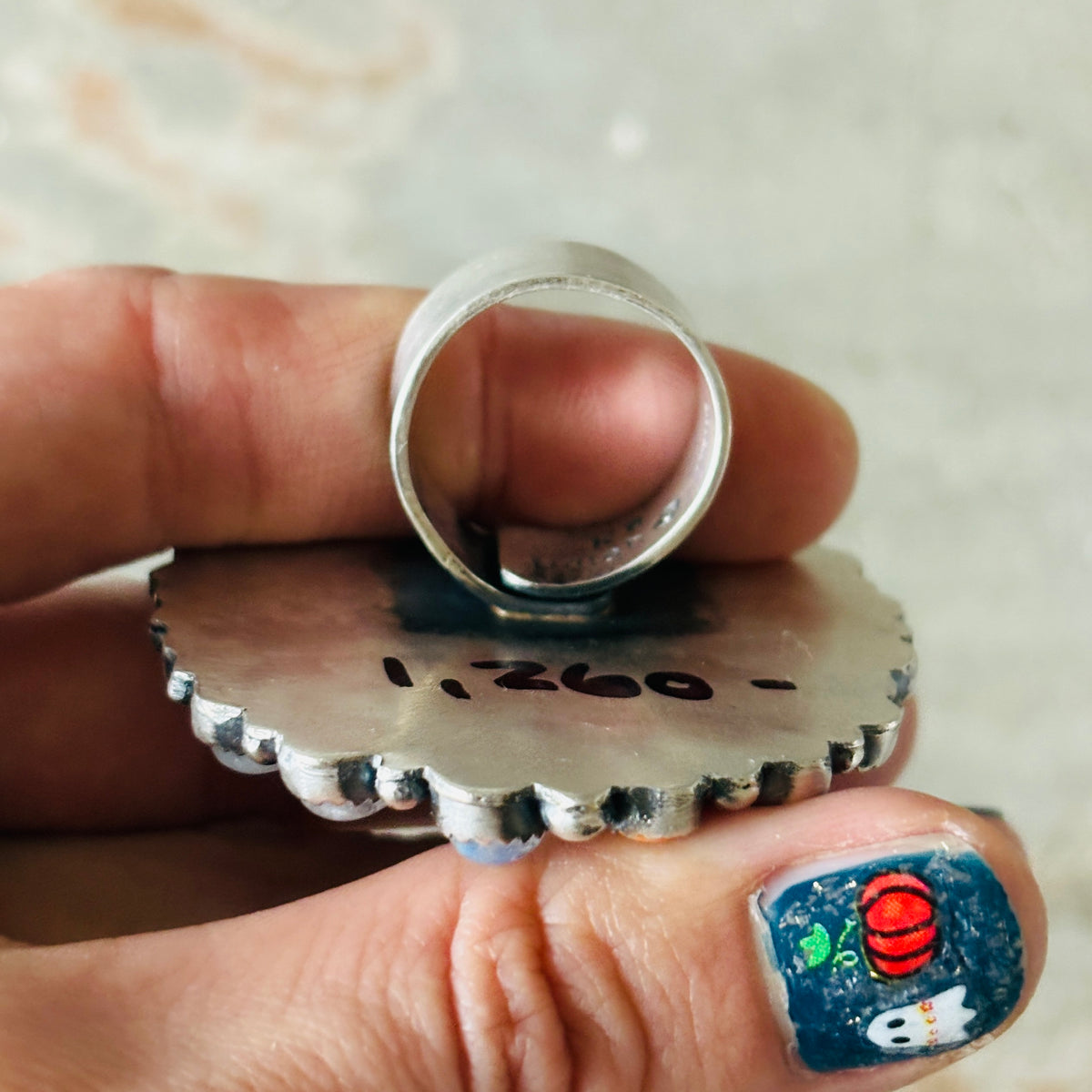Navajo Kindale Billah - Ceramic - Orange Spiny Oyster & Moonstone Ghost Ring