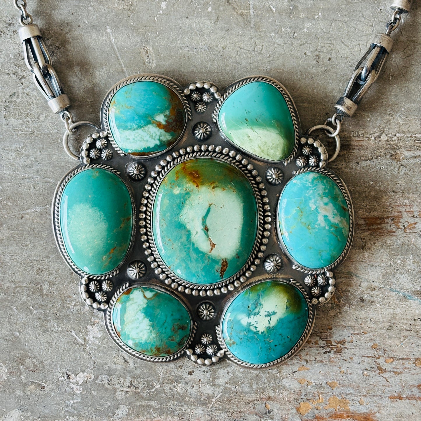 Navajo Gilbert Platero Sterling Silver & Cananea Turquoise Cluster Statement Necklace